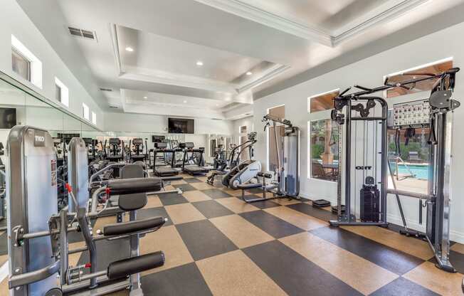 a gym with weights and cardio equipment on a checkered floor