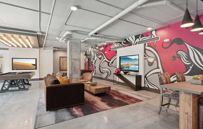 resident clubhouse with couch, TV, pool table, and much more