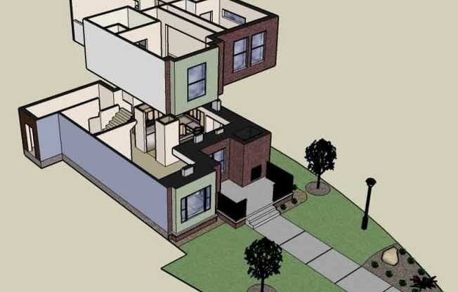 A 3D rendered image of a modern townhome unit with a green lawn and trees.