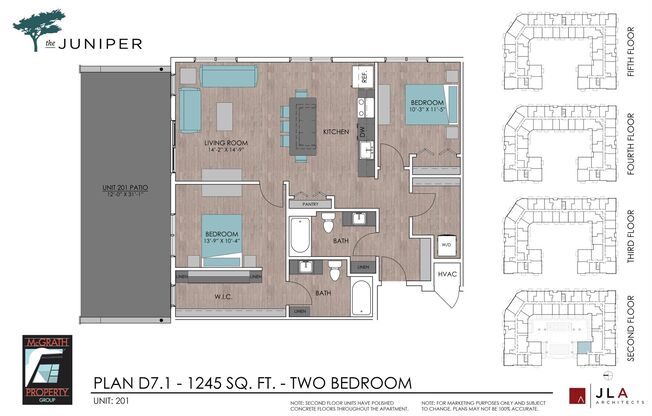 2 beds, 2 baths, 1,245 sqft, $2,360, Unit 201