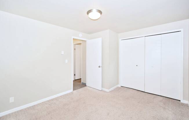 a bedroom with white walls and white closets and carpet