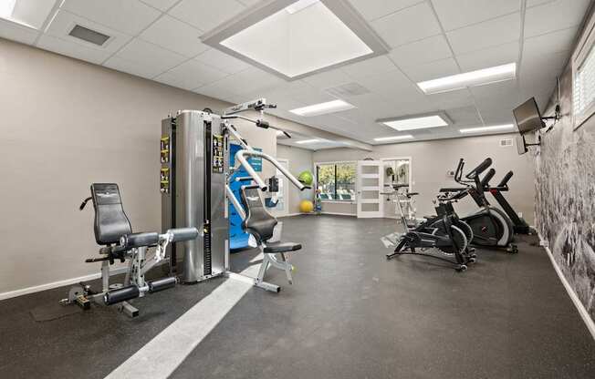 A gym with a variety of equipment including a treadmill, weights, and a stationary bike.