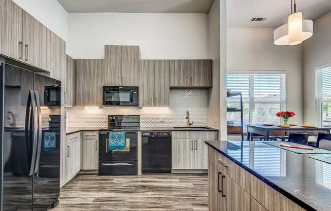 Apartments for Rent in Lewisville, TX - Hebron 121 Station Kitchen with Dark Charcoal Appliances, Wood-Style Flooring, Granite Countertops, Breakfast Bar, Shaker-Style Wood Cabinetry, Pantries, and Double Stainless Steel Under Mount Sink