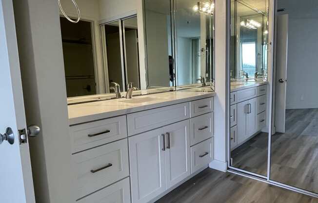 Bathroom with Hardwood Floors, White Cabinets and Mirrored Wardrobe Closet