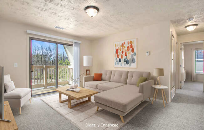 A living room with a couch, a coffee table, and a painting on the wall.