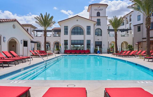 a large pool of water in front of a building