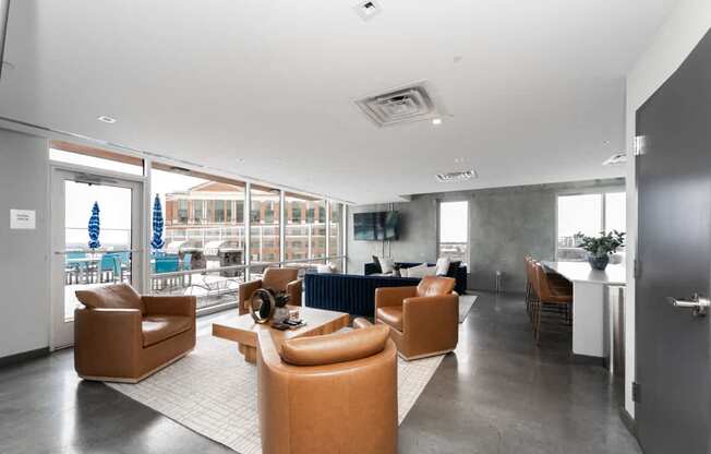 A modern office space with a view of the city.