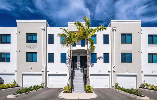 A white building with a palm tree in front.