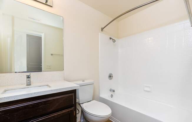 a bathroom with a toilet sink and tub and a mirror