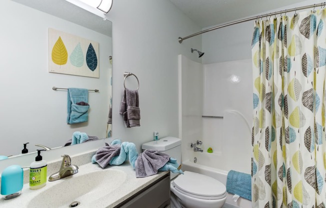 a bathroom with a shower toilet and sink