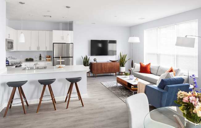 a living room and kitchen in a modern apartment