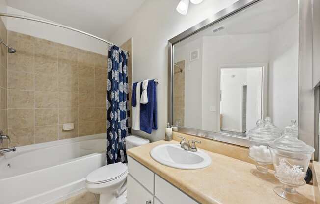 a bathroom with a sink and a tub and a mirror