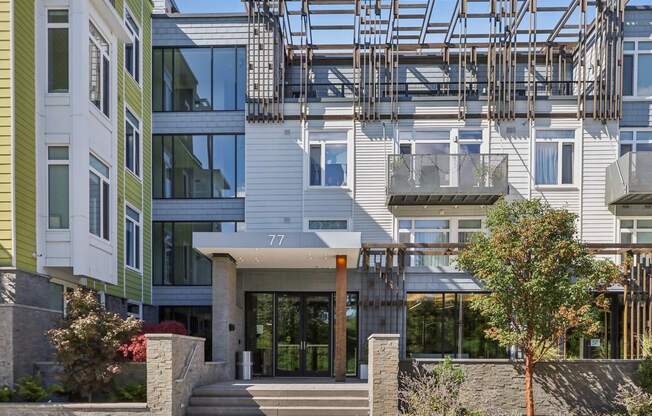 Modern building entrance at Park77 Apartments, Massachusetts
