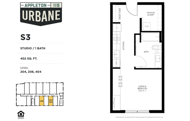 Studio, 1 bath, 402 sqft, $1,225, Unit 302