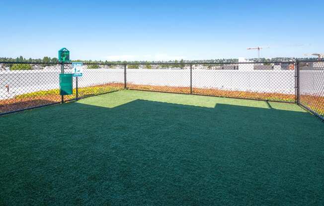 a fenced in batting cage with green turf and a scoreboard