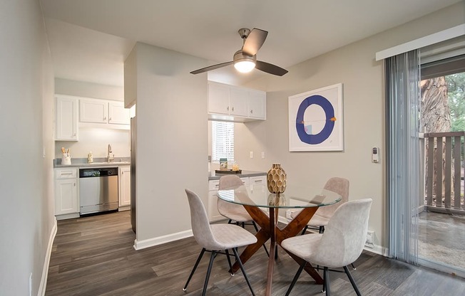 Ceiling Fan, Dinning Table in Living Room at St. Charles Oaks Apartments, Thousand Oaks, CA