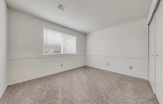 A room with a carpeted floor and a window with blinds.