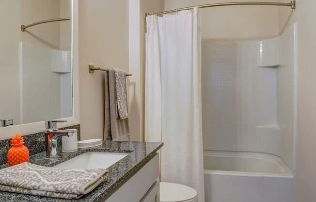 A bathroom with a sink, toilet, and shower.