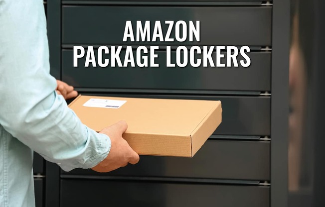 A person holding a package in front of a locker with the words "Amazon Package Lockers" on it.