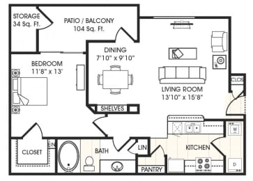 1 bed, 1 bath, 796 sqft, $1,444
