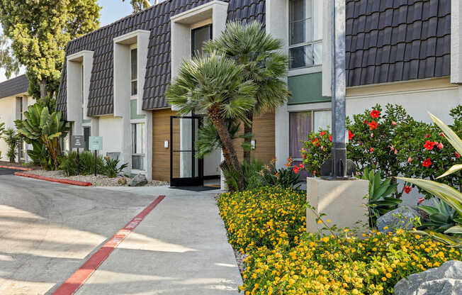 A row of houses with a red line down the middle of the street.