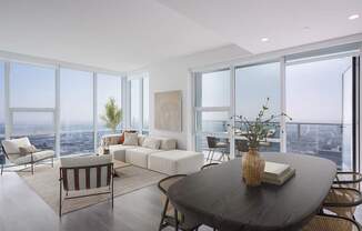 A modern living room with a view of the city.