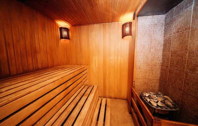 Pet-Friendly Apartments in Bloomington, MN - Carbon31 - Wooden Interior Designed Sauna with Steam Rocks and Tile Backsplash