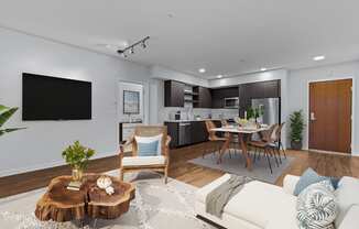 a living room with a couch and a table and a tv