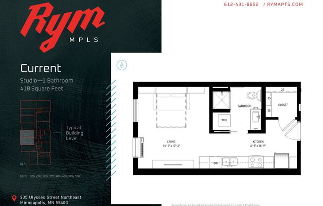 Studio, 1 bath, 418 sqft, $1,100, Unit 306