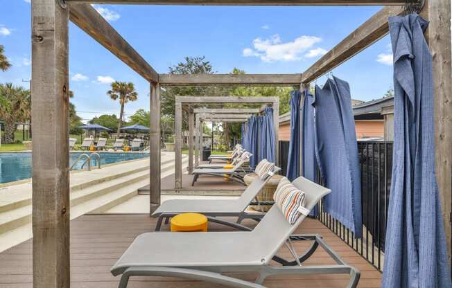 a poolside deck with lounge chairs and umbrellas  at Sunset Ridge, San Antonio, 78209