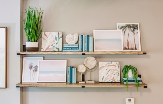 a wall shelf with books and pictures and plants on it
