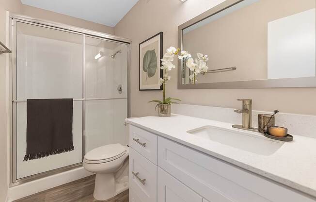 A bathroom with a toilet, sink, and mirror.
