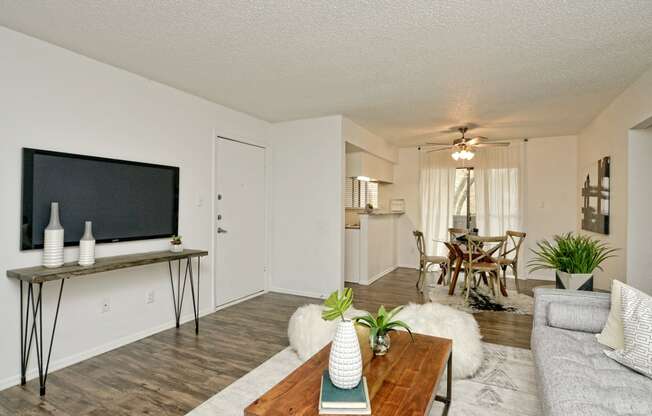 a living room with a couch and a coffee table and a tv