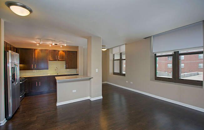Living and kitchen area at The Shelby, Chicago, IL
