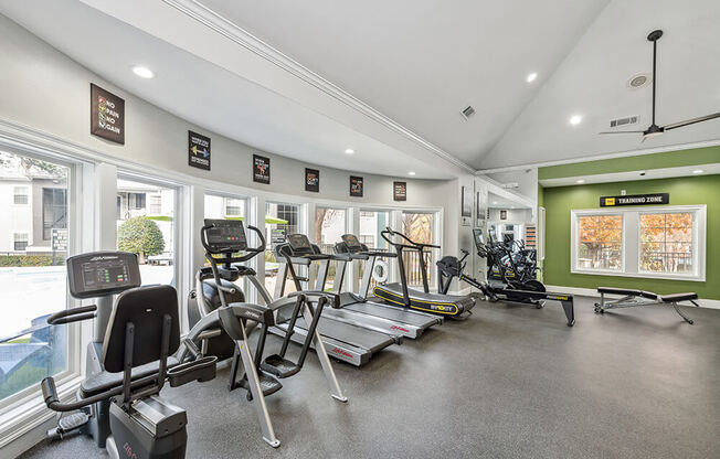 Community Fitness Center with Equipment at Bridges at Oakbend Apartments in Lewisville, TX.