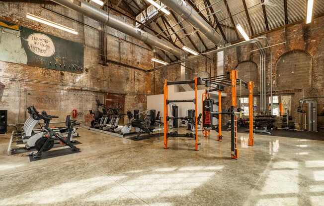 A gym with a variety of equipment including treadmills, weights, and a squat rack.