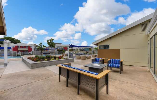 Pool and Seating Area, Fire Station, Blue/Black Seats, Blue Skies and Clouds