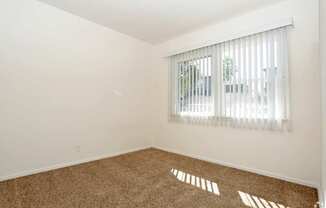 A room with a carpeted floor and a window with blinds.