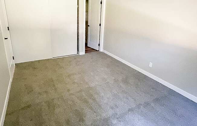 A room with a carpeted floor and two white doors.