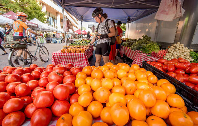 a woman shops for tomatoes at a farmers market at The Acadia at Metropolitan Park, Virginia, 22202