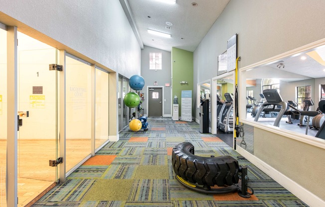a gym with a tire and balls on the floor and a treadmill
