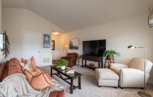 This is a photo of the living room in the 1016 square foot, 2 bedroom, 2 bath Nautica floor plan at Nantucket Apartments in Loveland, OH.