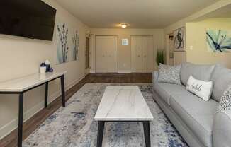 A living room with a grey couch, a white coffee table, and a TV mounted on the wall.