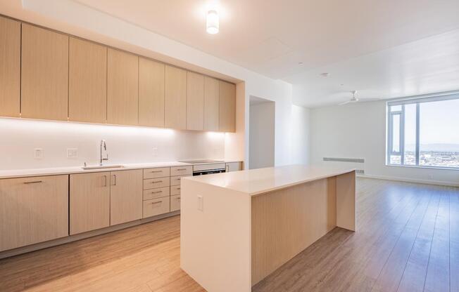 A kitchen with wooden cabinets and a counter.