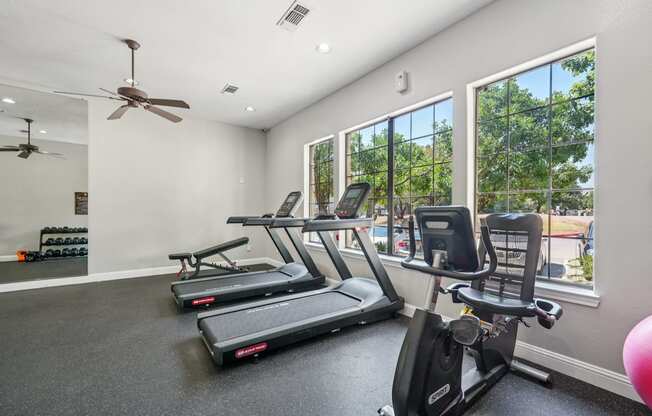 A gym with treadmills and elliptical machines.