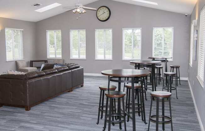Renovated clubhouse includes TV lounge and tables for residents