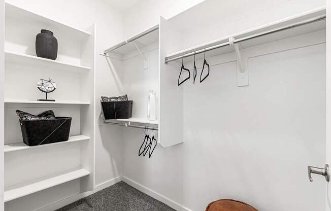 A white closet with a shelf and a bag hanging on it.