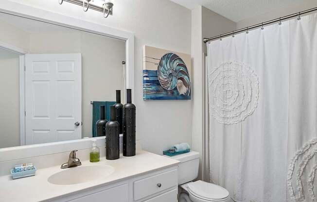 A bathroom with a white toilet, sink, and shower curtain.