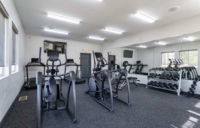a gym with cardio equipment and weights