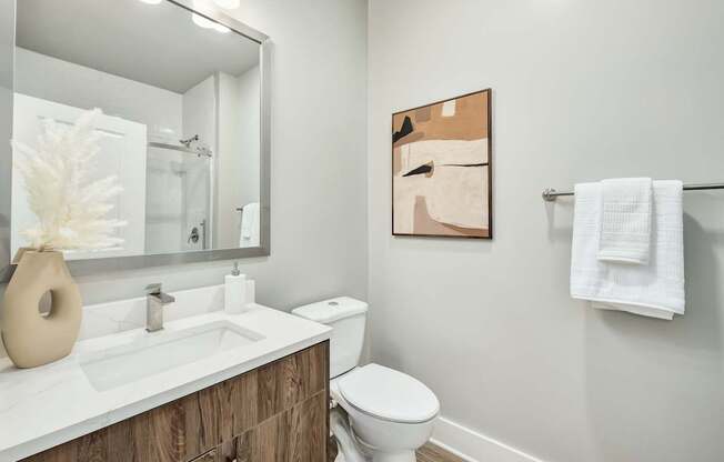 A bathroom with a toilet, sink, mirror, and towel rack at The Ashton at East Park Apartments, Kennesaw